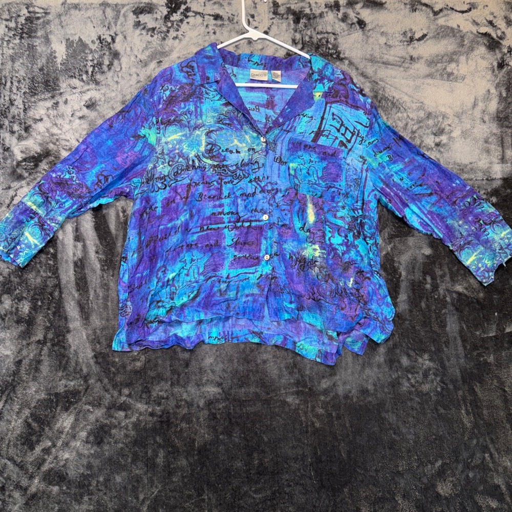 Chicos‎ Silk Linen Abstract Graffiti Script Print Button Up Shirt Blue Purple 2